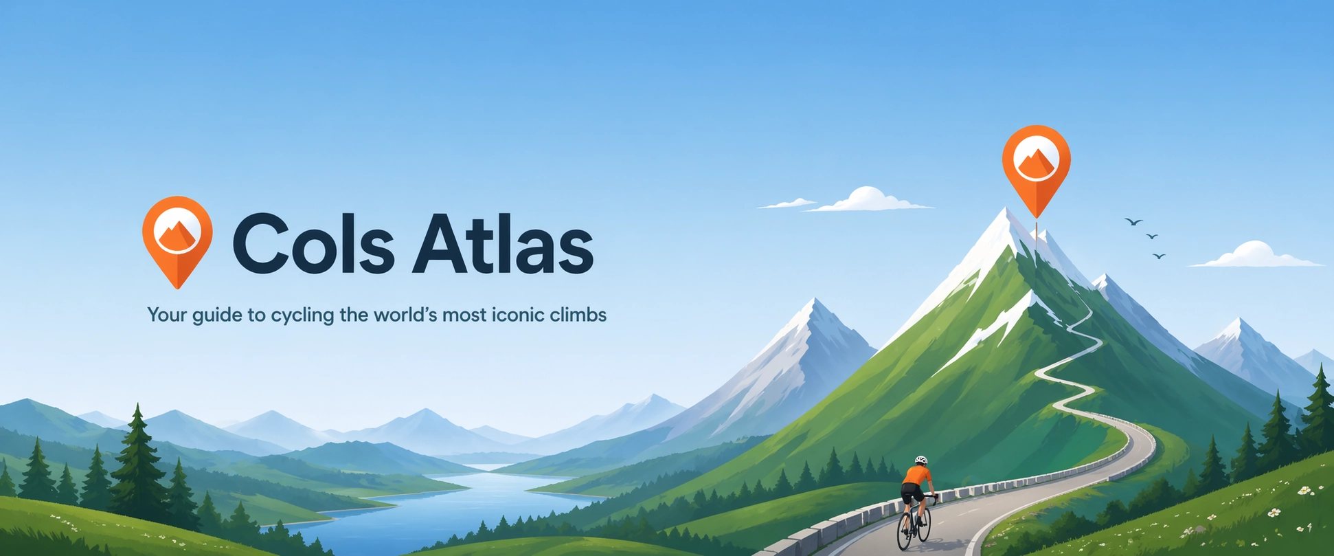 Cyclist climbing a mountain road with Cols Atlas marker